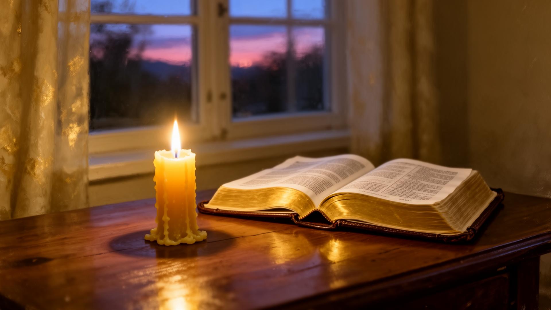 A candle burning beside an open Bible at dusk